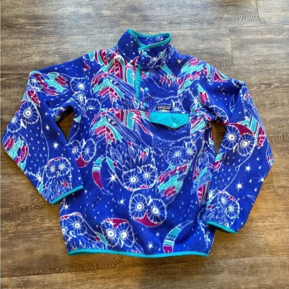 Patagonia Synchilla Sweater Women Small Snap-T Moon Owl Harvest Moon Blue Aztec